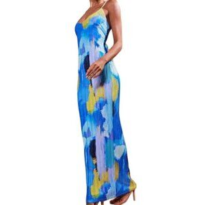 PrettyLittleThing Blue Print Pleated Low Back Strappy Maxi Dress Size 12